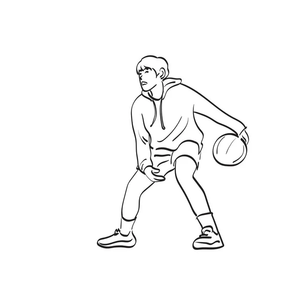 Linie Kunst Männlich Straße Basketballspieler Mit Ball Illustration Vektor Hand — Stockvektor
