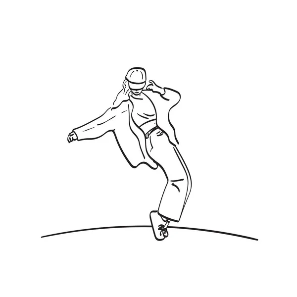 Hiphop妇女舞蹈插图矢量手绘隔离在白色背景线条艺术 — 图库矢量图片