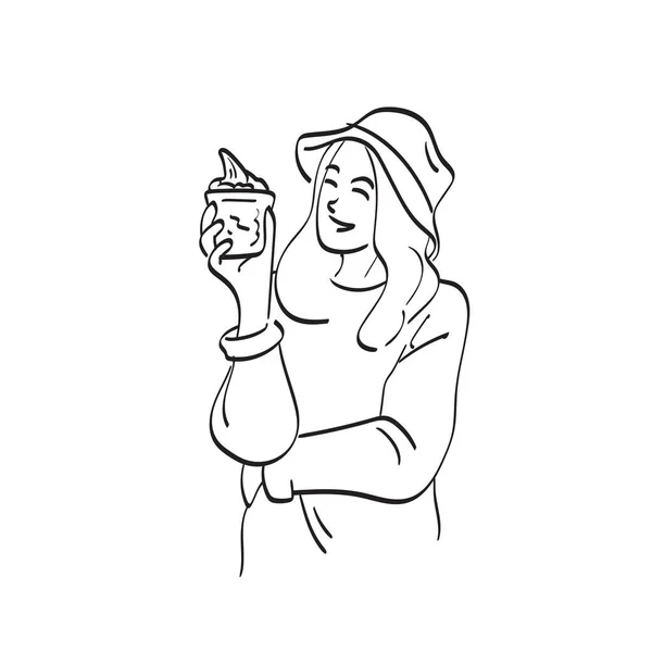 Mulher Com Sorriso Segurando Vidro Sorvete Ilustração Vetor Mão Desenhada — Vetor de Stock