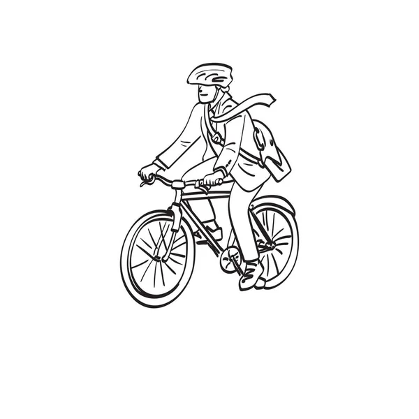 带头盔骑自行车去工作的线艺术商人用白色背景隔离的画图矢量手绘 — 图库矢量图片