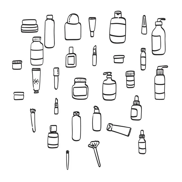 Cosméticos Conjunto Ilustración Vector Mano Dibujado Aislado Blanco Fondo Línea — Vector de stock