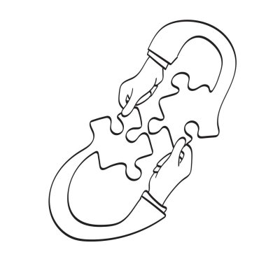 Beyaz arkaplana izole edilmiş çizim vektörü elle eşleştirmek için yapboz tutan işadamının çizdiği çizgi çizimi.