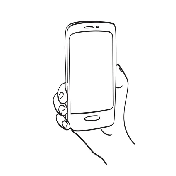 Linha Arte Closeup Mão Segurando Smartphone Com Espaço Branco Ilustração — Vetor de Stock