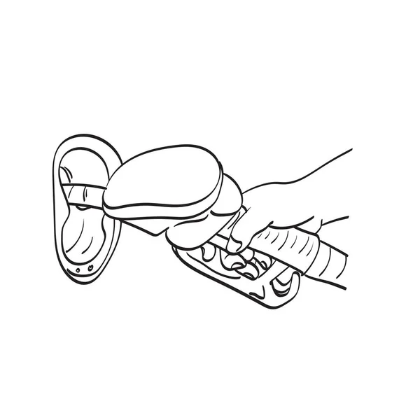 Arte Línea Mano Sosteniendo Una Boquilla Combustible Ilustración Vector Mano — Vector de stock