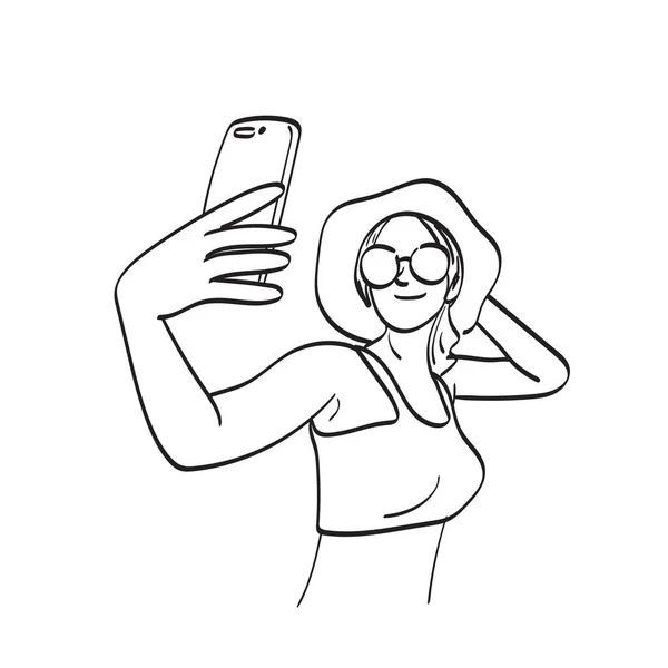 Mujer Con Gafas Sol Tomando Selfie Ilustración Vector Mano Dibujado — Vector de stock