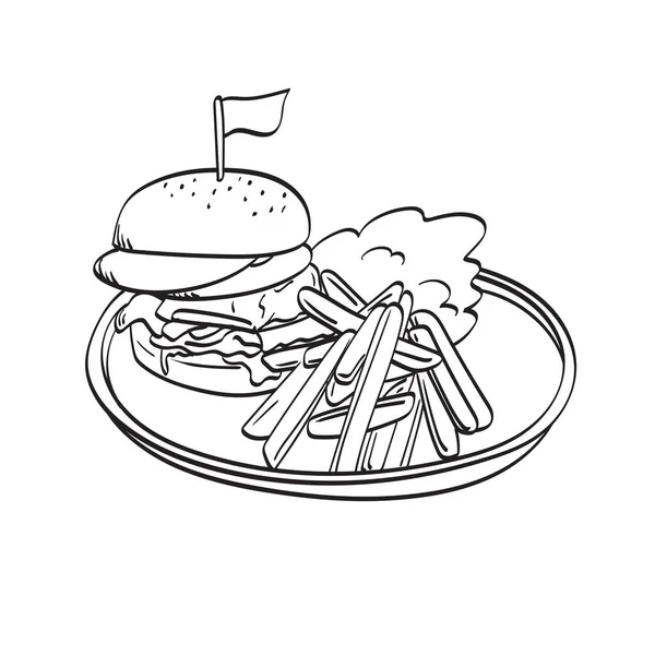 Гамбургер Картофель Фри Деревянном Подносе Иллюстрации Вектор Руки Нарисованы Изолированы — стоковый вектор