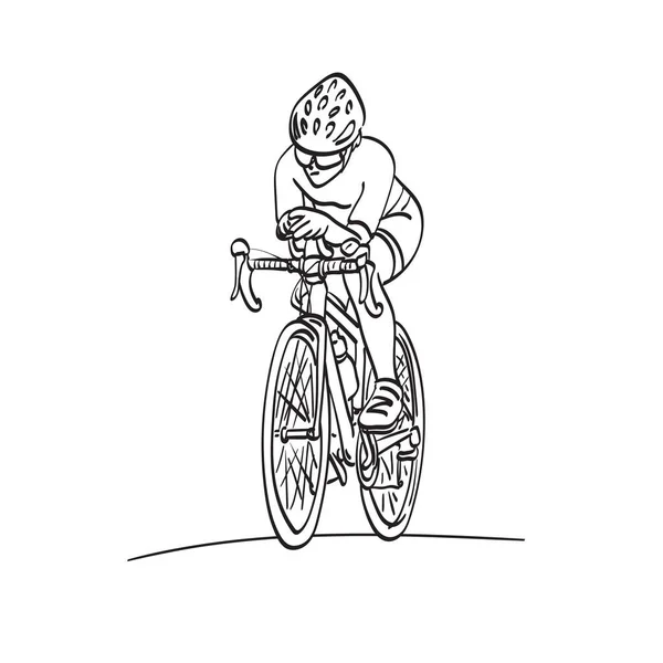 白い背景に描かれた道路イラストベクトルの手に自転車に乗っているラインアートのスポーツ少女 — ストックベクタ