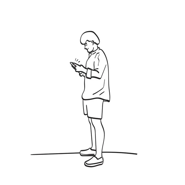 Linha Arte Comprimento Total Homem Usando Smartphone Ilustração Vetor Mão —  Vetores de Stock