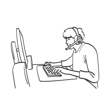 Kulaklık ve mikrofonlu genç profesyonel oyuncu, beyaz arkaplan çizgisi üzerine izole edilmiş bilgisayar illüstrasyon vektör elinde online video oyununda oynuyor..