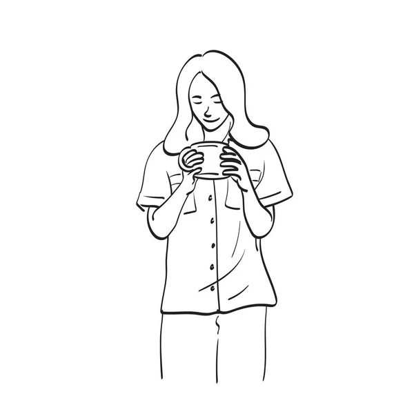 Mujer Pijama Sosteniendo Taza Café Ilustración Vector Mano Dibujado Aislado — Archivo Imágenes Vectoriales