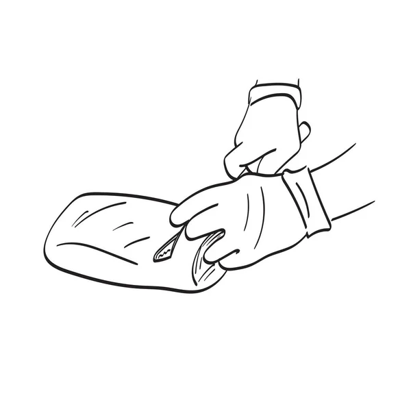 Linia Sztuka Zbliżenie Ręka Lateksowych Rękawic Pomocą Noża Cięcia Mięsa — Wektor stockowy
