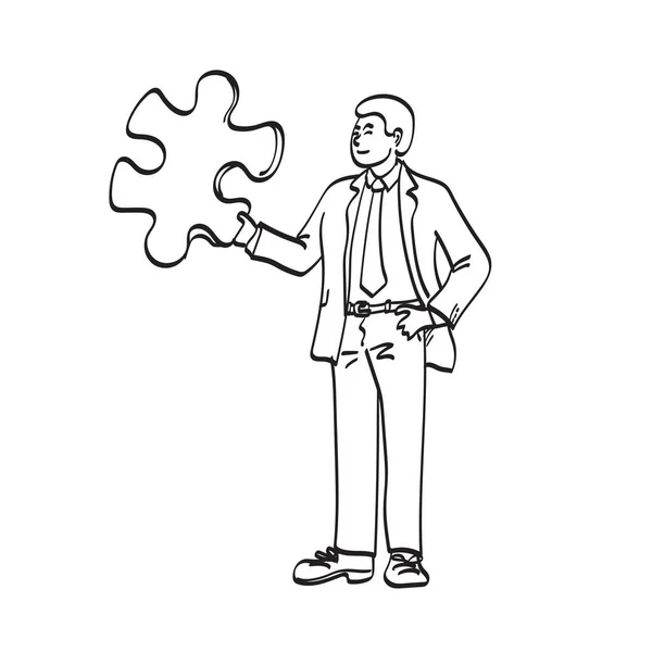 Ligne Art Pleine Longueur Homme Affaires Tenant Puzzle Illustration Vecteur — Image vectorielle