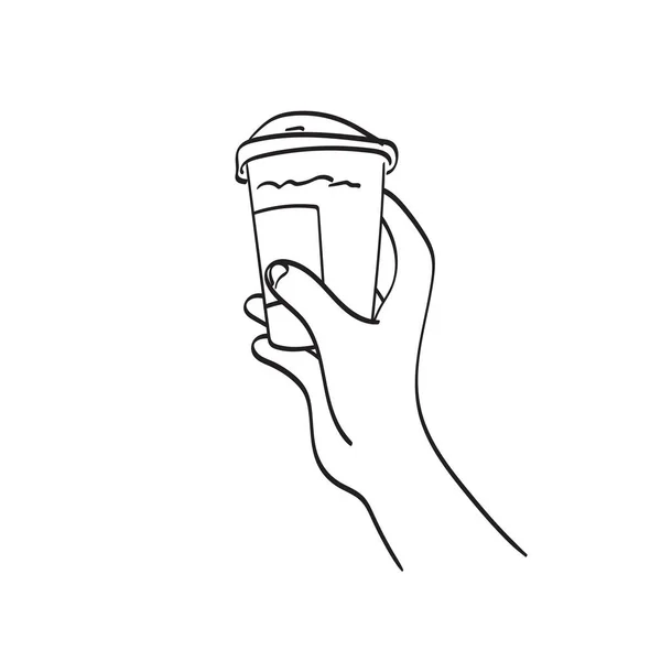 アイスを手に持ったクローズアップ手がコーヒーイラストベクトル手が白い背景線画に孤立 — ストックベクタ