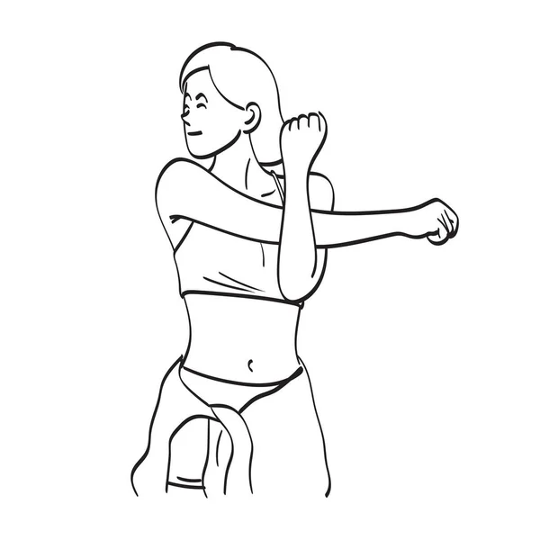 健康的女人伸出她的手插图矢量手绘在白色的背景线条艺术上 — 图库矢量图片