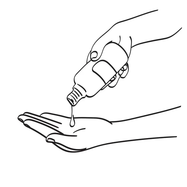 Linha Arte Mão Desinfetante Álcool Gel Esfregar Mãos Limpas Higiene — Vetor de Stock