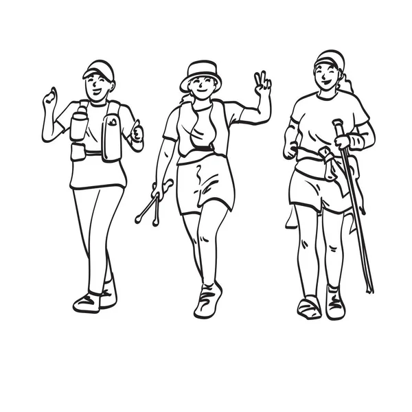 Ligne Art Trois Athlètes Coureuses Avec Des Bâtons Trekking Courant — Image vectorielle