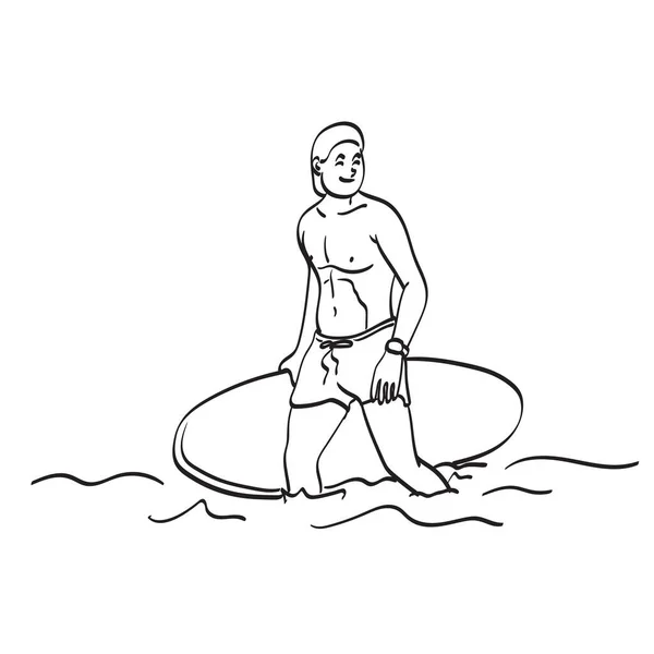 Linie Kunst Mann Hält Surfbrett Strand Illustration Vektor Hand Gezeichnet — Stockvektor