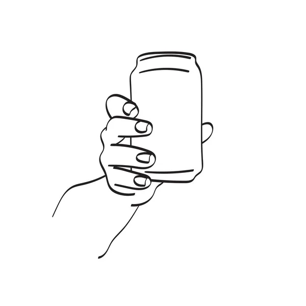 Closeup Hand Holding Metal Beverage Drink Can Illustration Vector Hand — стоковый вектор