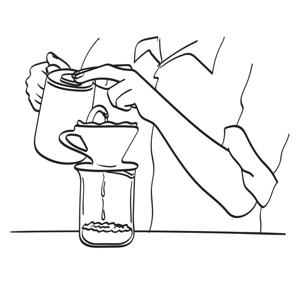 Closeup Αρσενικό Barista Στέκεται Στον Πάγκο Χέρι Στάζει Καφέ Που — Διανυσματικό Αρχείο