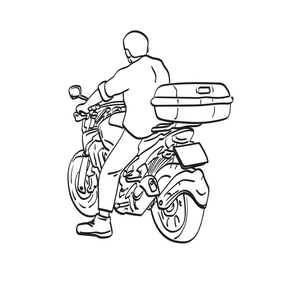 バックイラストベクトル手描きで白い背景線画に孤立したバイクとリアビューの男 — ストックベクタ