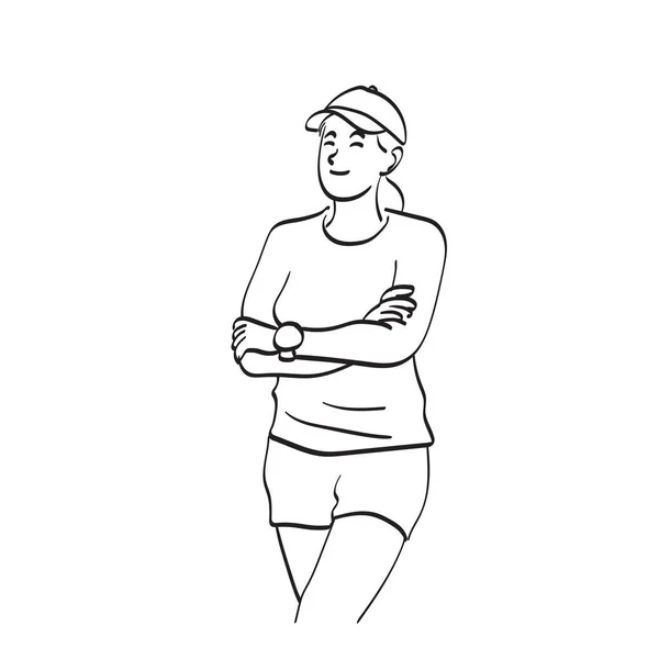 Ligne Art Demi Longueur Femme Avec Capuchon Debout Bras Croix — Image vectorielle