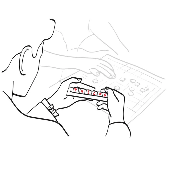 Line Art Businessman Playing Puzzle Crossword Red Word Tricks Illustration —  Vetores de Stock