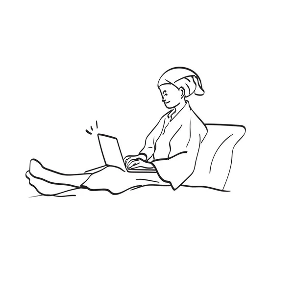 Линия Искусства Женщина Расслабляется Отеле Работает Ноутбуком Кровати После Душа — стоковый вектор