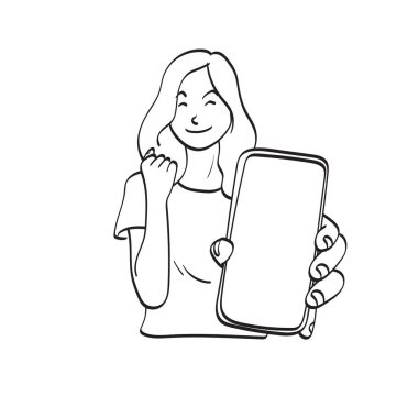 Beyaz arkaplan çizgisi üzerine izole edilmiş boş ekran çizim vektör eli olan akıllı telefonu gösteren yarı uzunlukta bir kadın.