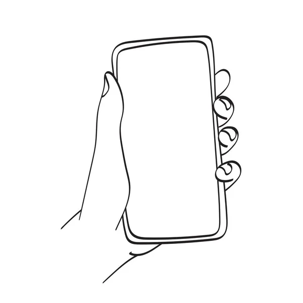 Closeup Hand Holding Smartphone Blank Screen Illustration Vector Hand Drawn — 스톡 벡터