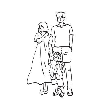 Çizgi sanatı tam boy mutlu aile çizim vektör el beyaz arka planda izole çizilmiş