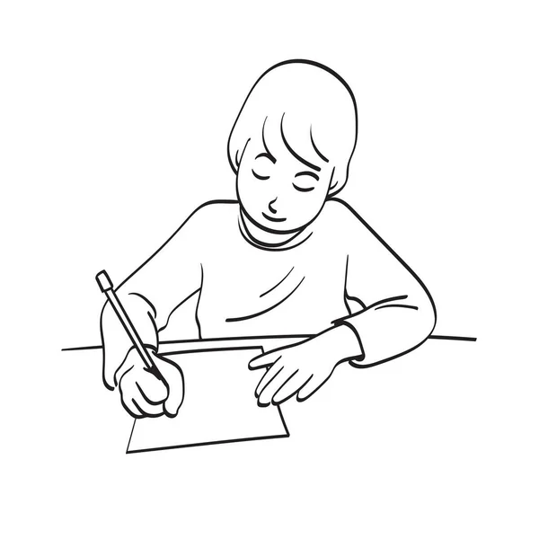 Line Art Boy Writing Paper Pencil Illustration Vector Hand Drawn — Stockový vektor