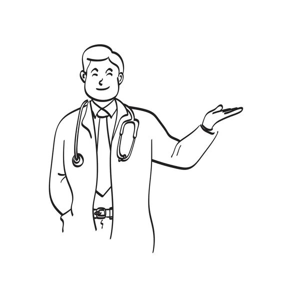 Male Doctor Presenting Something Copyspace Illustration Vector Hand Drawn Isolated — 스톡 벡터