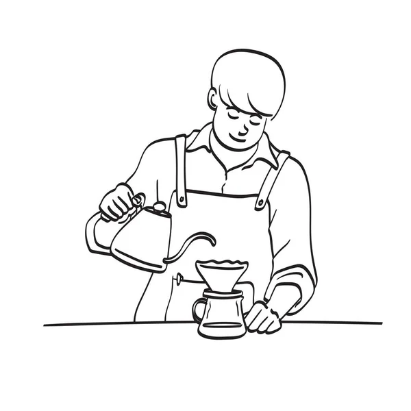 Professional Man Barista Making Drip Brewing Illustration Vector Hand Drawn — Stockvektor