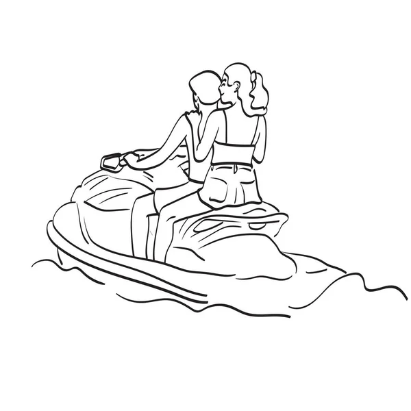 カップル原動力ジェットスキーオン休暇イラストベクトル手描かれた白い背景ラインアート — ストックベクタ