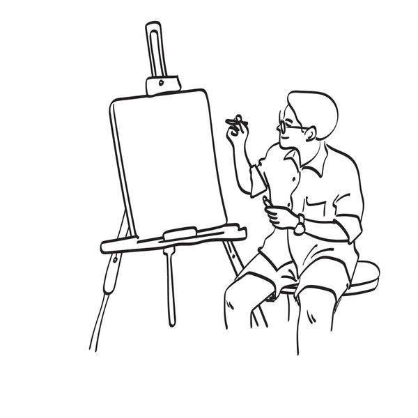 三脚架上的空白画布上的男性画家画图 — 图库矢量图片