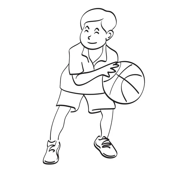 Linje Konst Pojke Spelar Basket Illustration Vektor Hand Dras Isolerad — Stock vektor