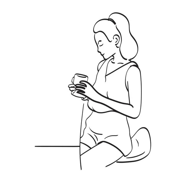 Mulher Hoding Tradicional Xícara Chá Mão Ilustração Vetor Mão Desenhada —  Vetores de Stock