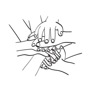 Çizgi sanatı elleri iş illüstrasyon vektör elleri beyaz arka planda izole çizilmiş için bir araya gelir