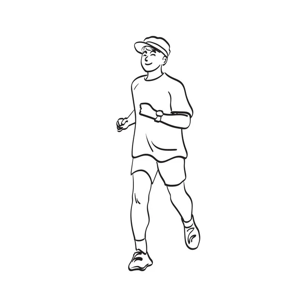 Line Art Smiling Man Cap Running Illustration Vector Hand Drawn — Stock Vector
