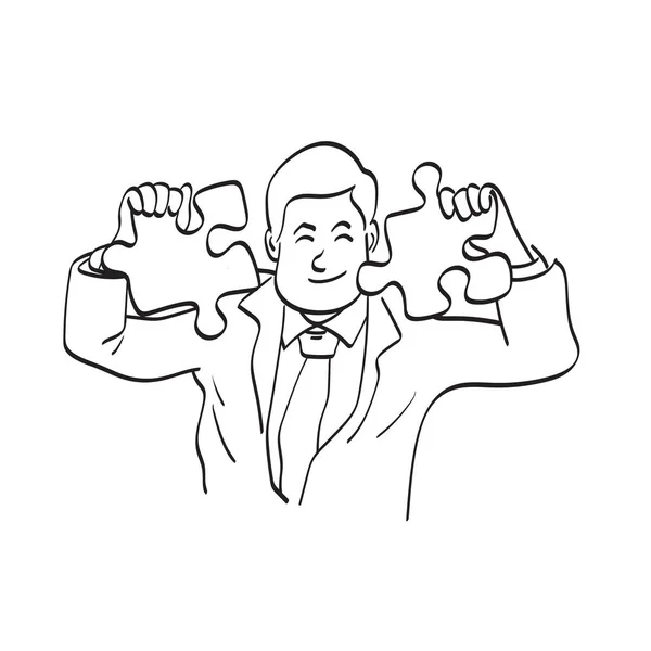 Line Art Half Length Businessman Holding Jigsaw Pazzle Illustration Vector — Stock Vector