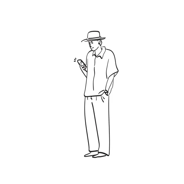 Лінійне Мистецтво Повної Довжини Чоловік Капелюхом Допомогою Ілюстрації Смартфона Векторна — стоковий вектор