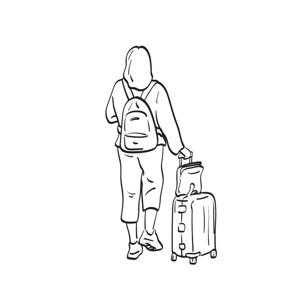 Vue Arrière Femme Avec Ses Bagages Pour Illustration Voyage Vecteur — Image vectorielle