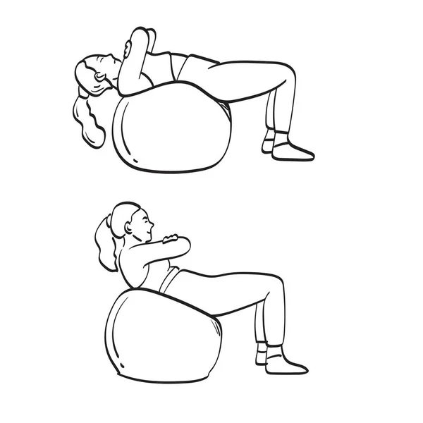 Mulher Sorridente Flexionando Músculos Abdominais Com Bola Exercício Ilustração Vetor —  Vetores de Stock