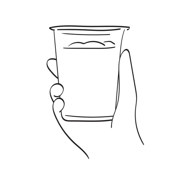 白い背景線画に描かれたアイスコーヒーイラストベクトルハンドを手に持ったクローズアップ — ストックベクタ