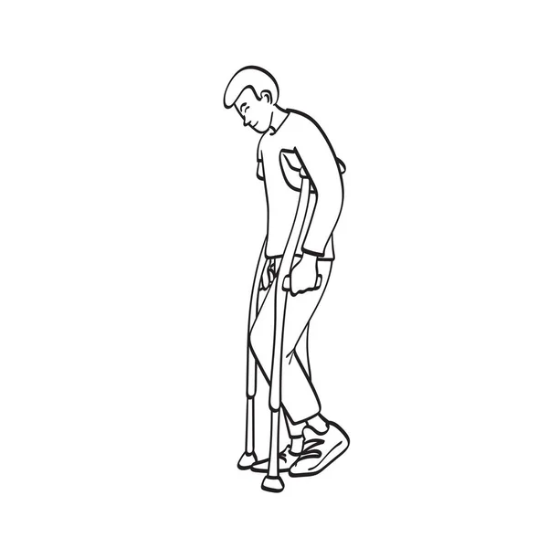 站立男性患者用拐杖图例向量手绘 用白色背景线艺术隔离 — 图库矢量图片