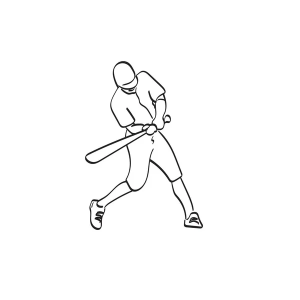 线艺术棒球击球手击中球体图解矢量手绘隔绝在白色背景下 — 图库矢量图片