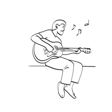 Tam boy erkek gitarist beyaz arka plan çizgisi üzerine izole edilmiş akustik gitar illüstrasyon vektör el oturma ve çalma.