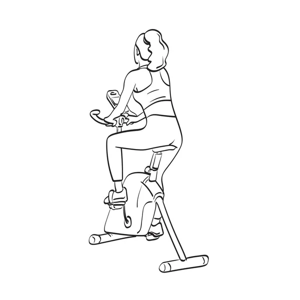 Vista Trasera Fitness Mujer Haciendo Ejercicio Bicicleta Estática Gimnasio Ilustración — Archivo Imágenes Vectoriales