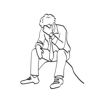 Çizgi sanatı işsiz işadamı, stres illüstrasyon vektör eli ile beyaz arka planda izole bir şekilde oturuyor