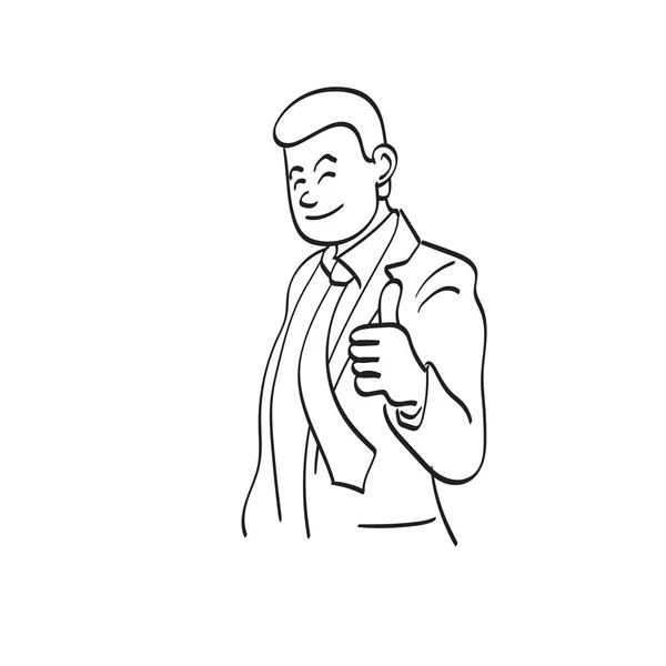 线条艺术微笑商人西服展示大拇指向上的手势插图矢量手绘在白色背景上 — 图库矢量图片